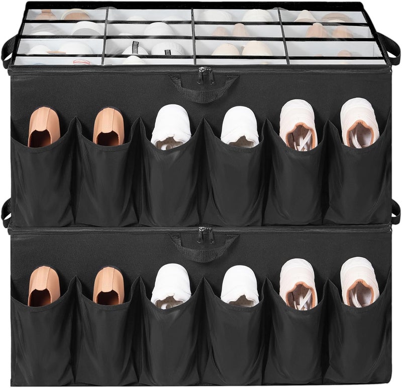 STORAGEIDEAS Shoe Organizer for Closet, Shoe Storage Solution with Clear Cover & Adjustable Dividers, Fabric Shoe Box Fits 16 +12 Pairs Shoes, Black, 2-Pack - Image 1